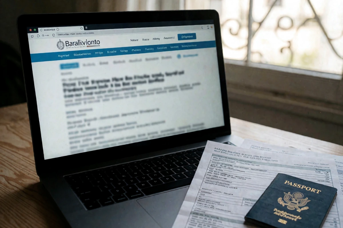 A laptop on a desk showing the arca.gob.ar homepage beside printed Argentine tax forms and an US passport