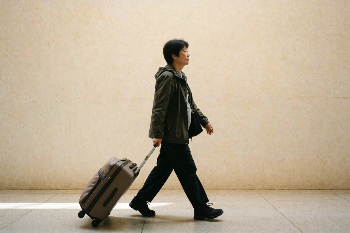 A traveller walking with a rolling suitcase through a bright indoor corridor