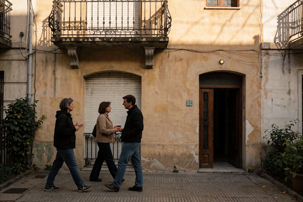 Two adults discussing a cross-border transfer while walking along an Argentine street