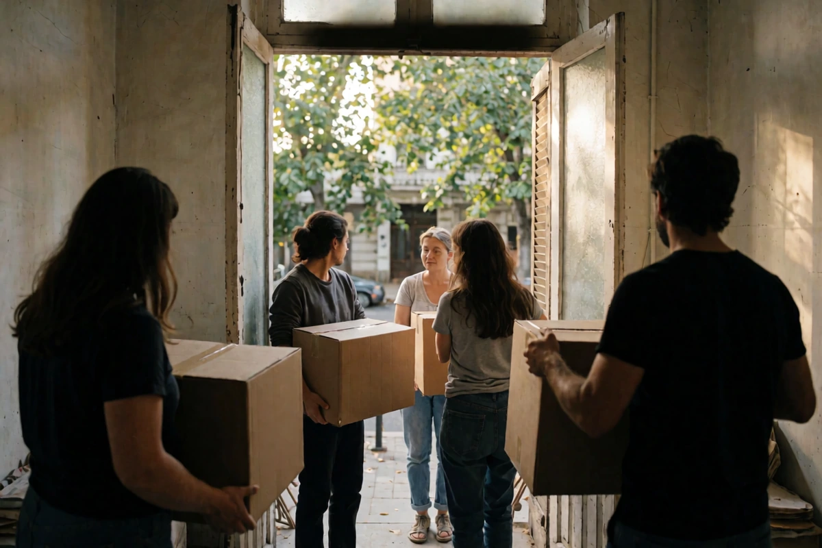 People carrying moving boxes into a bright Buenos Aires apartment