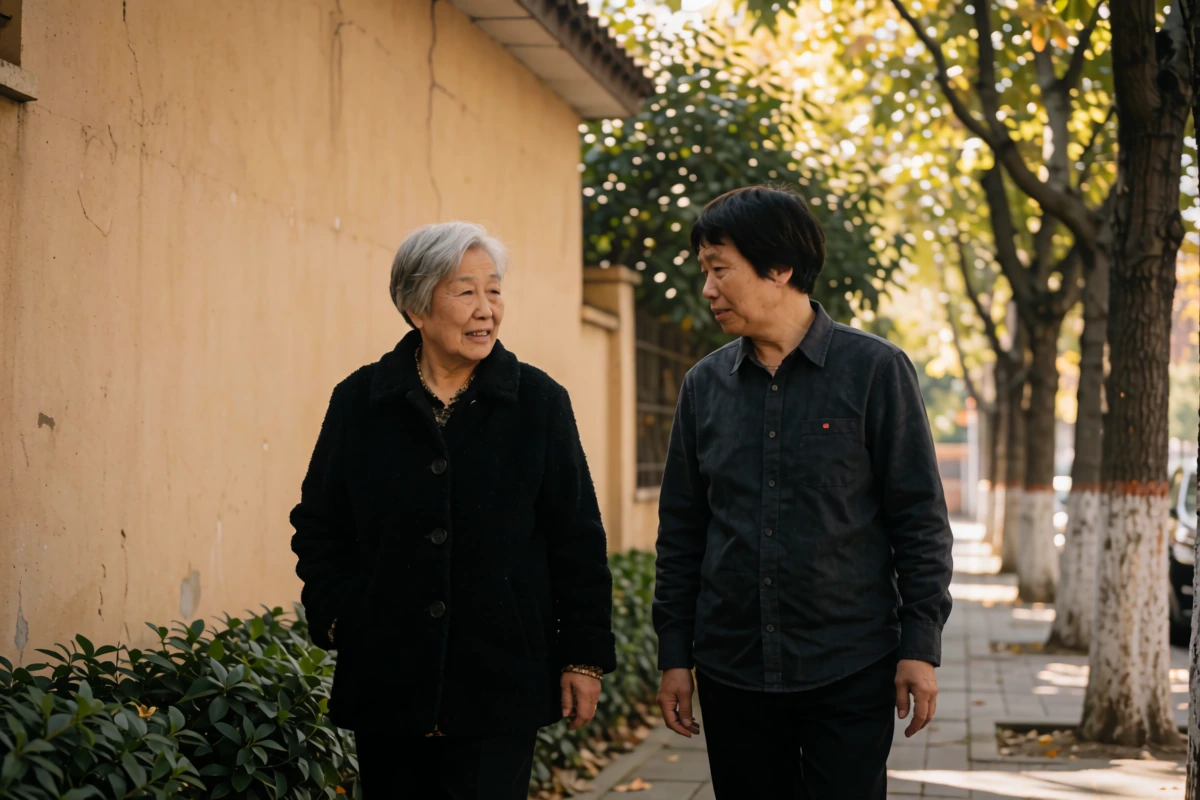 Two older adults talking while walking along a tree-lined street