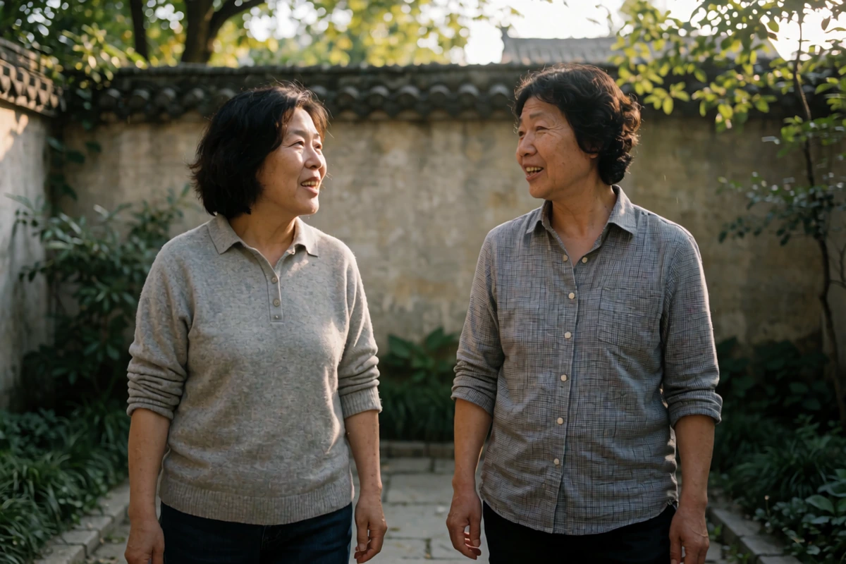 Two adults discussing recurring income records while walking through a leafy courtyard